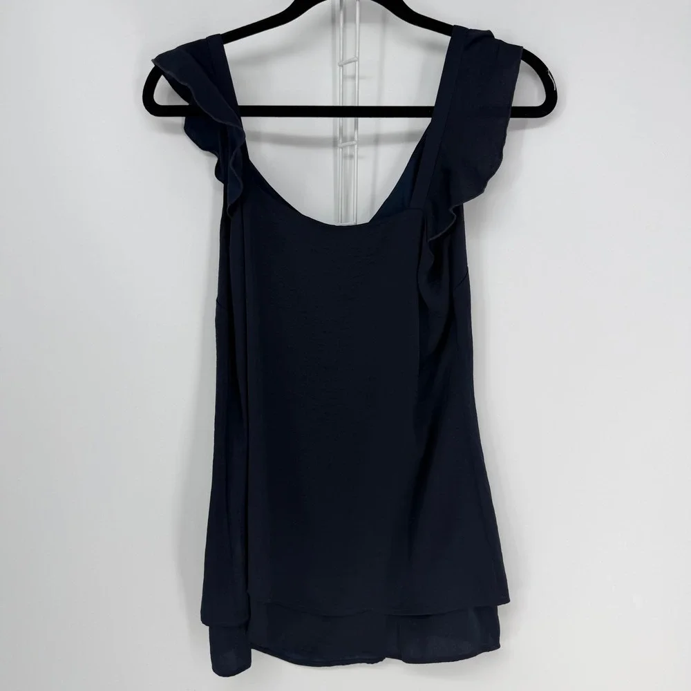 Cabi Ruffle Strap Tank Top Womens Small Navy Blue Layered V-Neck Ruffle Staple